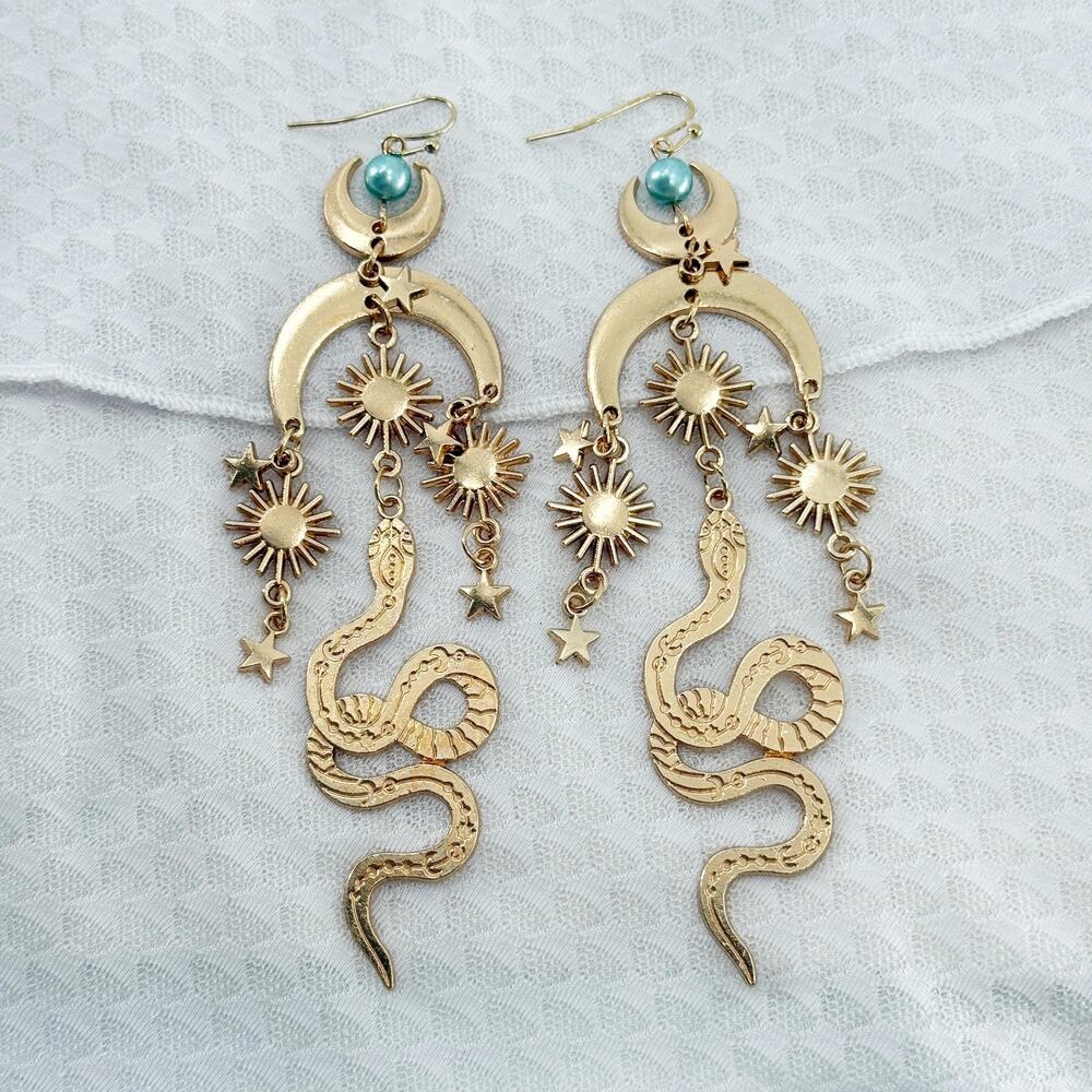 Extra Long Celestial Snake Drop Earrings, Witchy … - image 1